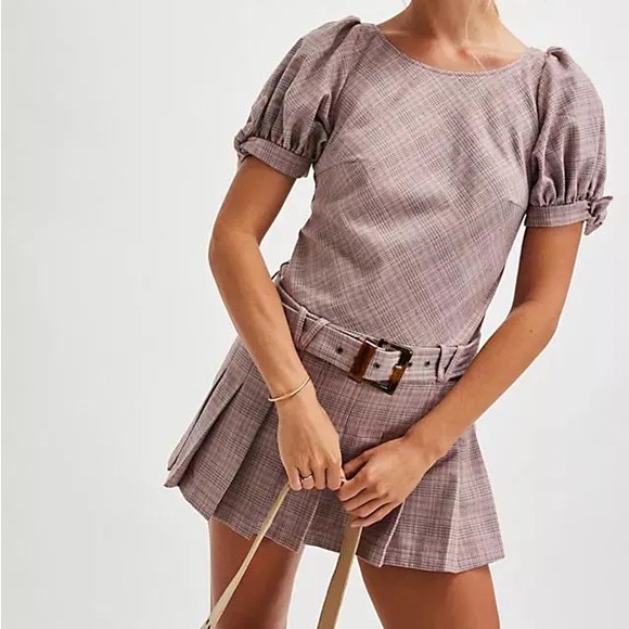 Free People Sevi Plaid Puff Sleeve Mauve Mini Dress with Belt‎ Size Small NWOT - Picture 1 of 8